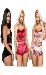 New Fashion Women Sexy Velvet Pajama Sets Ladies Lace VNeck Crop Tops Shorts 2Pcs Sleepwear Lingerie Pajamas Sets R0891A7557287