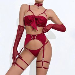 Bras Sets Sexy Bowknot Lingerie Open Bra Lace Up Underwear 3-Piece Satin Erotic Outfit Young Girls Set Sleepwear Sex Costume Cosplay