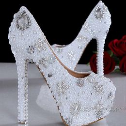 Beautiful Stiletto Heel Round Toe Wedding Shoes Fashion White Imitation Pearl Rhinestone Bridal Dress Shoes Ladies Prom Dress Pumps 300S