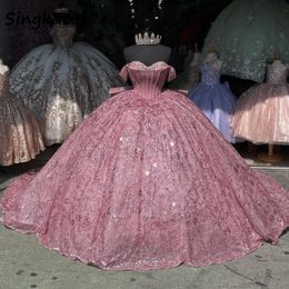 Abito da ballo quinceanera lucido per glitter sweetheart rosa dalla spalla in pizzo cristallino messicano dolce 16 abiti 15