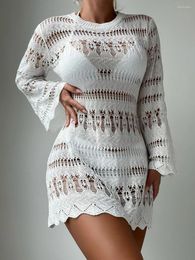 Women Crochet Bikini Cover Ups Cutout Long Sleeves Beach Mini Dress For Swimsuit Bathing Suit Summer Clothes