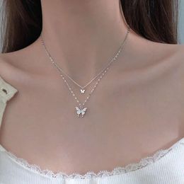 Ins Cool Wind Butterfly Double Layer Necklace Does Not Fade Trendy Clavicle Chain Temperament Overlapping Neck Net Red Versatile Womens Style