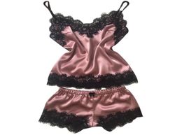FashionWomen039s Sleepwear Sexy Satin Set Black Lace VNeck Pyjamas Sleeveless Cute Cami Top and Shorts4329195