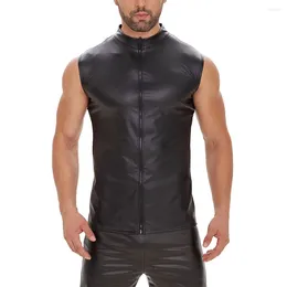 Men's Tank Tops Men Top Regular Sleeveless Solid T-Shirt Vest Wet Look Black Blouse Clubwear Collared Fashion