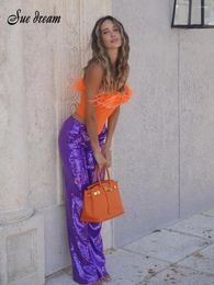 Women's Two Piece Pants 2024 Women Sexy Orange Feather Strapless Bandage Crop Top And Purple Sequin Trousers Suits Celebrity Party 2-Piece