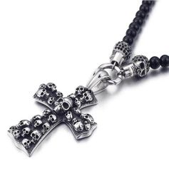 Fashion Punk Rock Black Glass Bead Skull Pendant Necklace For Men Women Stainless Steel Cross Necklaces Pendants 50CM Long Jewel3303175