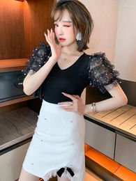 Work Dresses Set Auger V - Neck Sequins Agaric White Gauze Lace Sleeve Knit Tops The Female Summer