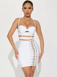 Women Celebrity Sexy Cut Out Mental Black White Mini Bodycon Bandage Skirt Set Elegant Evening Birthday Club Party Outfits 240510