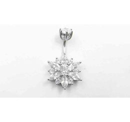 Belly Button Ring Real 925 Sterling Women Flower Zircon Clear Stones Jewelry Pure Silver Body Piercing2030428