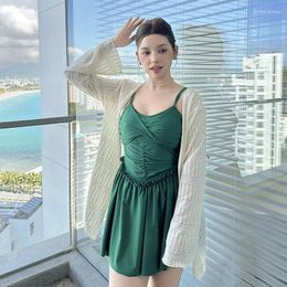 Women's Swimwear Large Size Chubby Mm Skirt Style One Piece Green Swimsuit With Flesh Blocking Long Sleeved Conservative Two-piece