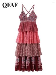 Casual Dresses QFAF Women Fashion Boho Print Spaghetti Strap V-neck Cascading Ruffles Cake Style Maxi Dress Vintage Female Vestidos