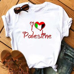 Women's T-Shirt HX Palestine Flag T-shirt I Love Palestine Printed Cotton T-shirt Short Silver Shirt Fashion Mens Direct Shipping Y240506