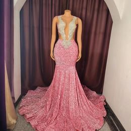 Pink Prom Dresses for Special Occasions Promdress Illusion Appliqued Beaded Sequined Lace Birthday Party Dress Second Reception Gowns for Black Women AM876
