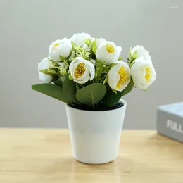 Decorative Flowers Artificial Camellia Bonsai 10 Flowerheads Fake Potted For Wedding Party Decoration Office Desktop Living Room Ornament