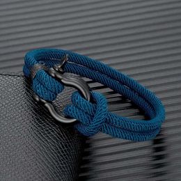 Charm Bracelets MKENDN Men Women Navy Blue Marine Sailor Rope Nautical Survival Shackle Bracelet Black Stainless Steel Wrap Metal Sport Hooks Y240510