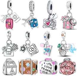 925 Sterling Silver Travel theme suitcase camera bag pendant Beads Charms Fit Original Bracelet DIY Jewellery Gift 240428
