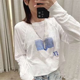 24ss New Designer T Shirts Summer New Product Contrast Colour Pattern Printed Loose Round Neck Top Fashion Bamboo Joint Cotton Long Sleeved T-shirt Blouse Woman