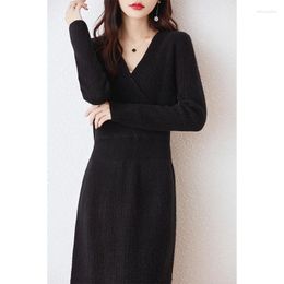 Casual Dresses Pure Wool V-Neck Sweater For Women Mid Length Knee Knitted Dress Cashmere Bottom Skirt Spring And Autumn 2024