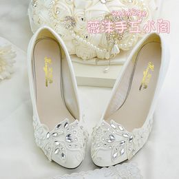 Handmade Ivory Crystal Lace Wedding Shoes Flat 4 5cm 8cm Kitten Heels Bridal Bridesmaid Shoes For Weddings Slip-ons Rhinestones Crystal 273T