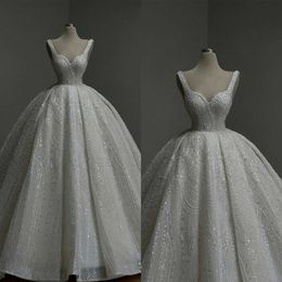 Clássico vestido de baile vestido de casamento querida pescoço cinta de espaguete vestido de noiva lantejoulas pérolas varredura trem vestidos feitos sob encomenda