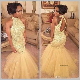Elegant Rhinestone Gowns Fully Beaded Sexy Open Back African Black Girl Prom Halter Graduation Dress Evening Party Dresses 0510