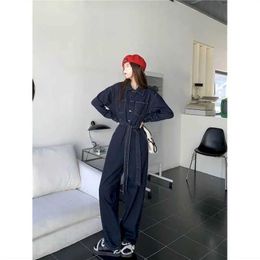 Women's Jumpsuits Rompers Oversized Denim Jumpsuits for Women Solid Denim Long Slved Loose Playsuits Vintage Casual One Piece Outfits Women Overalls Y240510