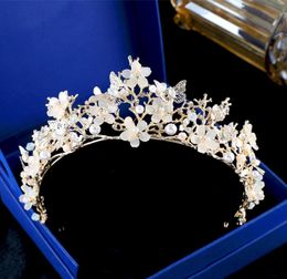 Baroque Vintage Gold Butterfly Crown Flowers Wedding Prom Tiara Headband Pearl Bridal Headpieces Bride Hair Accessories Hairband Y7095581