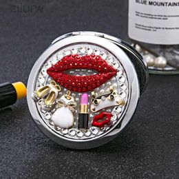 Compact Mirrors Red lip lipstick bag pattern double-sided makeup mirror folding mirror crystal pocket magnifying compact mirror party discount d240510