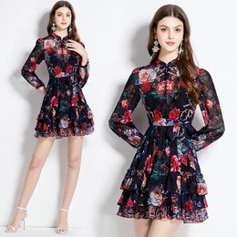 Girl Boutique Floral Dresses Summer Autumn Printed Dress High-end Trend Lady Ruffles Printed Dress Party Runway Dresses