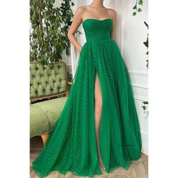 Strapless Emerald Green Long Prom Party Dress With Spots A Line Split Evening Gowns Robe De Soiree Ruched Tulle 0510