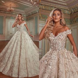 Romantic Ball Gown Wedding Dresses Floral Appliques Lace Sequins Designer Off Shoulder Backless Court Gown Custom Made Bridal Plus Size Vestidos De Novia