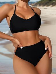 Women's Swimwear S - XL Cross Back High Cut Female Swimsuit Waist Bikini Women Two-pieces Set Bather Bathing Suit Swim K5023