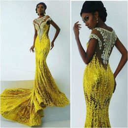 Bright Yellow Lace Mermaid Prom Dresses For Africa Women 2016 Applique Beads Evening Gowns Sweep Train Black Girl Party Dresses 243n