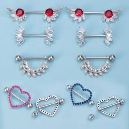 Nipple Rings 2pcs Sexy Angel Wings Heart Nipple Rings 14G Stainless Steel Straight Barbell Nipple Ring Zirconia Nipple Piercing Jewellery Y240510