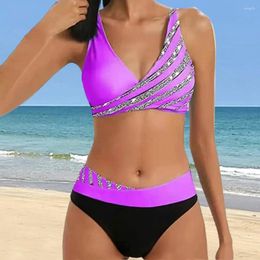 Women's Swimwear Women Bikini Swimsuit Stylish Contrast Color Striped Set With High Waist Padded Bra Vintage Print For 2024