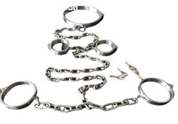 Bondage Collar Wrist Ankle Cuffs Siamese Stainless Steel Heavy Duty Chains Harness Bondage Gear Adult Slave BDSM Set1792720