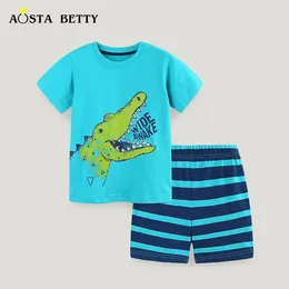 Clothing Sets European And American Children's Summer Boys' Suit Cartoon Crocodile Print Crew Neck Shorts Two-piece Set