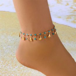 Anklets Fashion Blue Crystal Beads Drop For Women Summer Ocean Beach Metal Shell Pendant Bohemian Foot Jewelry Gifts