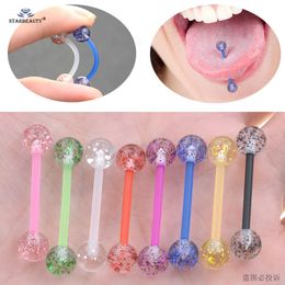 Starbeauty 8PcsLot Soft Acrylic Barbell Sexy Tongue Piercing Rings Flashing Powder Plastic Nipple Ring Ear Body Jewelry 240429