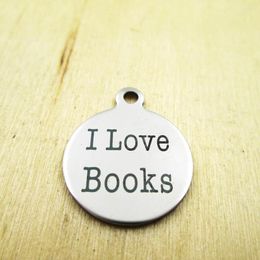 Pendant Necklaces 20pcs/lot-I Love Books Stainless Steel Charms - Laser Engraved Customised DIY Pendants