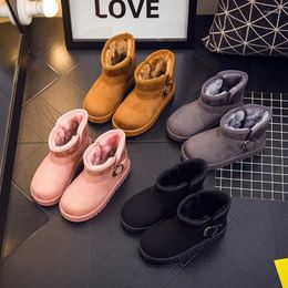 Boots 2024 Girls And Boys Solid Snow With Long Plush Children Daily Winter's Shoes Size 25-33 Pink Black Grey Brown