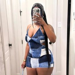 Casual Dresses Sexy Women Denim Print Bandage Halter Dress Blue Jeans Pattern Sleeveless Low-cut Bodycon Party Lady Hollow Out Mini