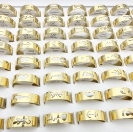 Whole 100PCS Stainless Steel Band Rings For Men Laser Cut Mixed Patterns Fashion Jewellery Womens Ring Size 1721mm Golden Plate2977437