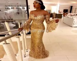 NEW Arabic Gold Evening Dresses Vintage Long Sleeve Lace sparkly Beads Evening Gowns Illusion Neck Mermaid Arabic African Prom Dre1457934