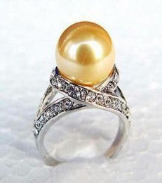 Whole Golden Yellow South Sea Shell Pearl White Gold Plated Crystal Ring Size 678953533535162703