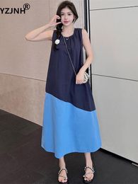 Casual Dresses YZJNH 2024 Summer Long Dress Korean Edition Loose Round Neck Sleeveless Contrast Irregular Patched Tank Top Large Size