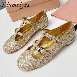 Casual Shoes Sequined Mary Janes Women Round Toe Cross Buckles Straps Flat Female Fashion Bling Party Runway Woman