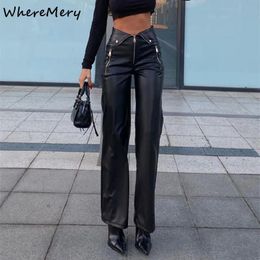 WhereMery Y2K Fashion Leather Pant Women High Waist Sexy Zipper Straight Slim Trousere Streetwear Winter Ladies Black Pants 240509