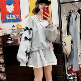 Women's Hoodies Sweatshirts Bow Trendy Womens Sweater Korean New Loose Set 2024 Spring Design Fashion Long sleeved Round Neck Set K Popular ClothingL2405