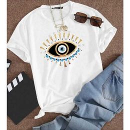 Women's T-Shirt Y2k Short Slves T-shirt Charming Eye Pattern Printed Tops Strt Versatile Micro Elastic Summer White Minimalist Womens T Y240509